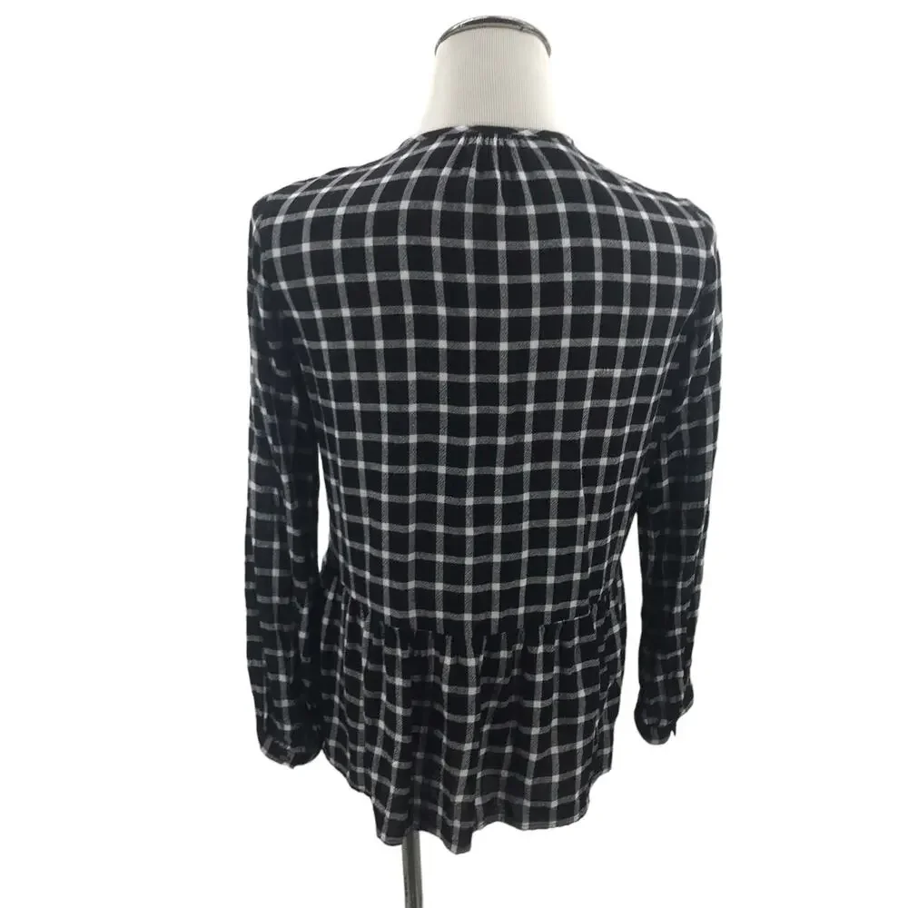 Rails Celeste Onyx Plaid White Check Linen Blouse